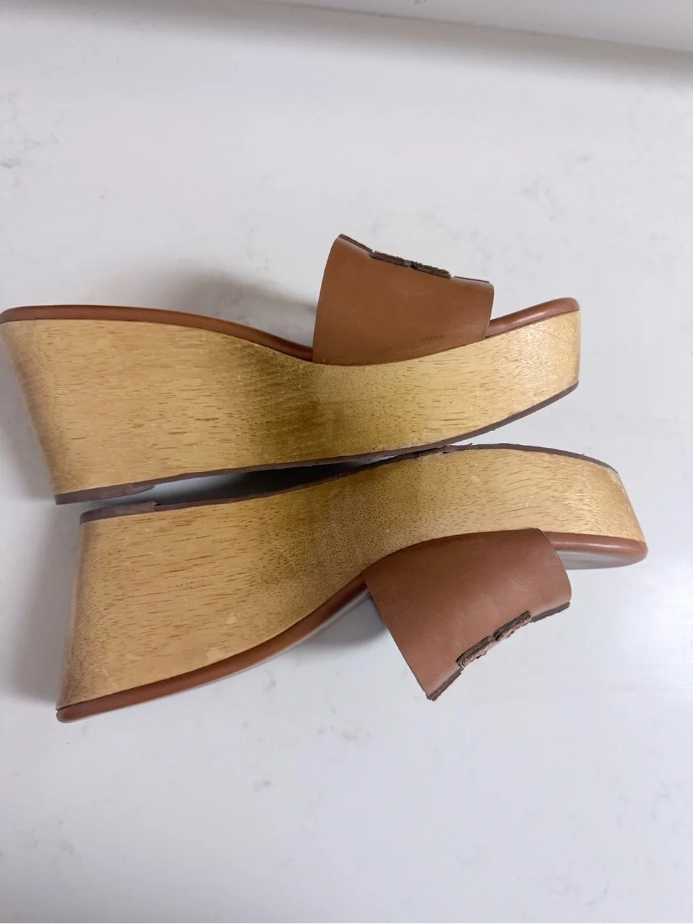 Tory Burch Cognac Leather Slide Platform Sandals with Logo Cutout